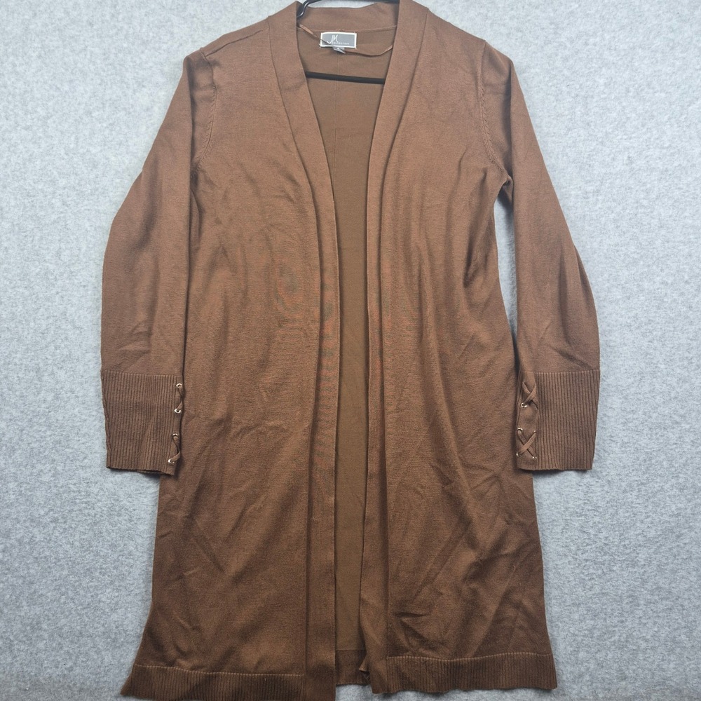 JM Collection Cardigan Womens S Brown Lace Up Cuff Open Front Longline Duster